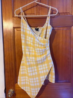 Rue21 Yellow and White Plaid Asymmetrical Slip Dress